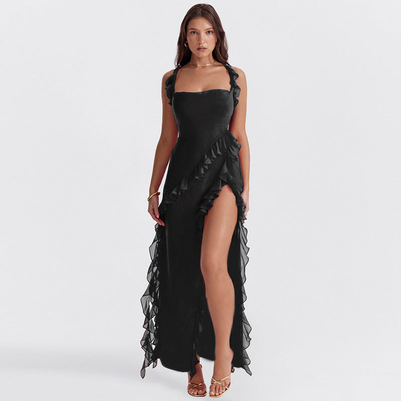 Sukienka Lola – elegancja z falbanami i rozcięciem